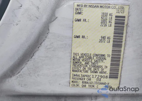 2014 Nissan Altima 2.5 Sl from USA, damaged, VIN 1N4AL3AP4EC172908